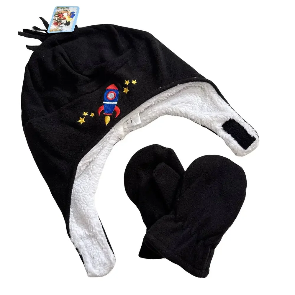 SimpliKids Rocket Fleece Sherpa Lined Kids Winter Hat & Mittens Set 5-7 Years